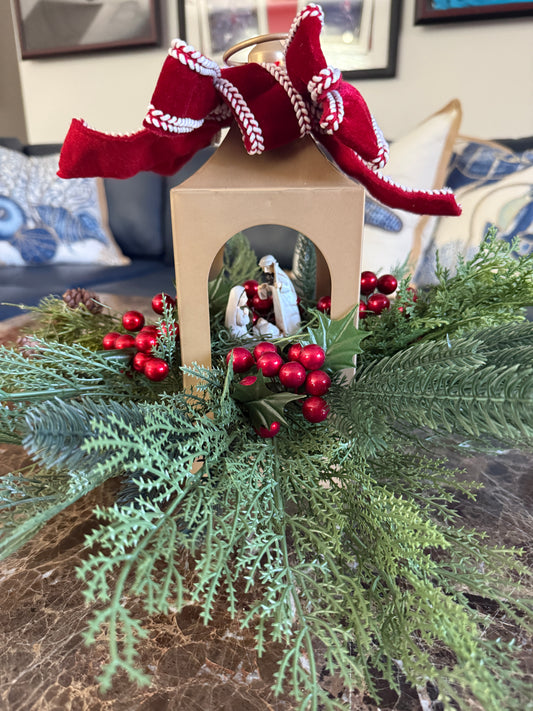 Gold Nativity Lantern Arrangement – Classic Christmas Centerpiece in Red, Green & Gold | Madison on Main | One of a Kind