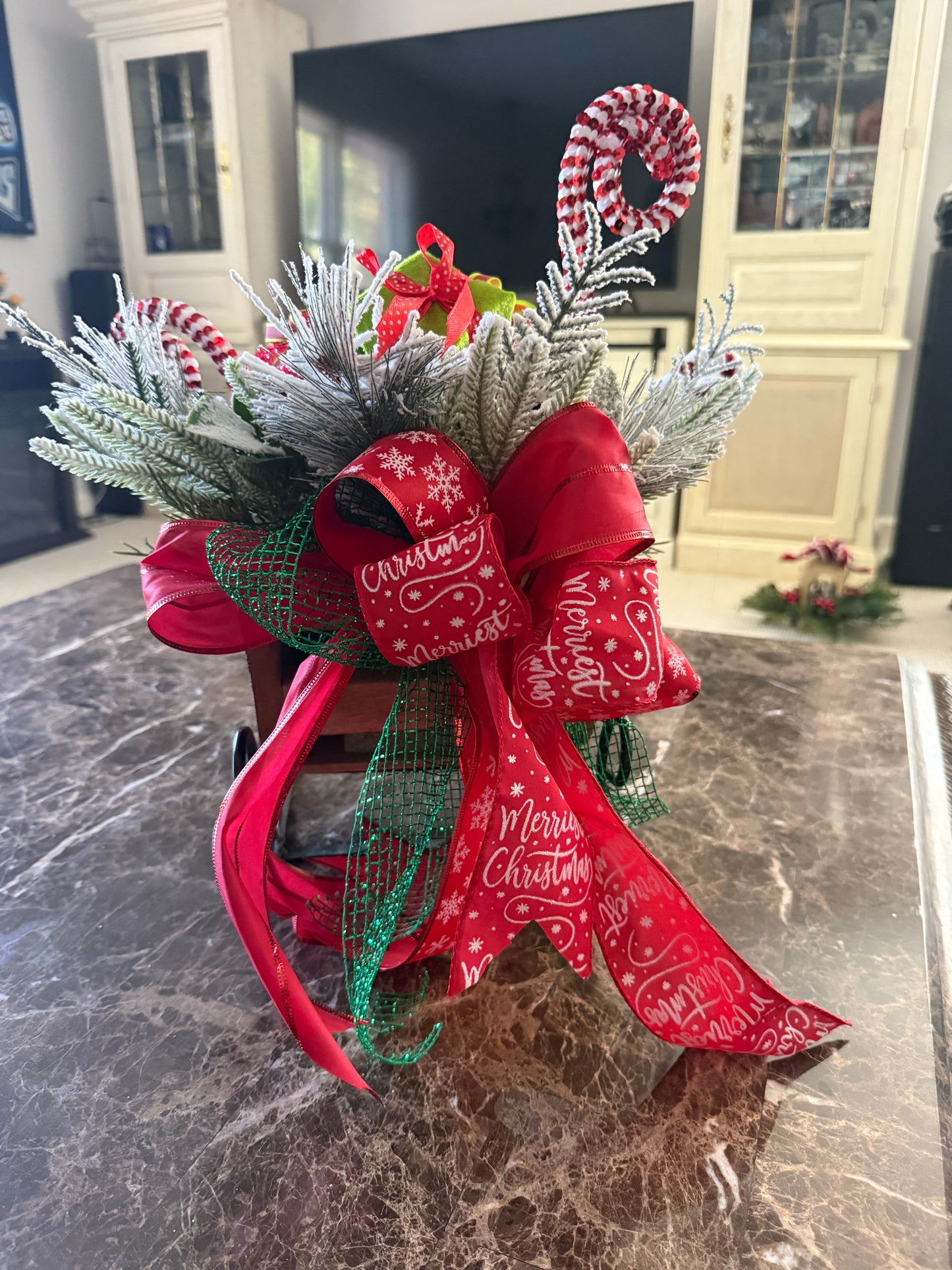Candy Cane Sleigh Arrangement – Red & Gold Christmas Centerpiece with Gifts and Greens | Madison on Main | One of a Kind
