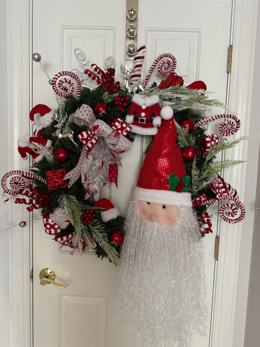 Santa’s Workshop Wreath – Whimsical Red & White Christmas Wreath with Santa and Candy Cane Accents | Madison on Main | One of a Kind