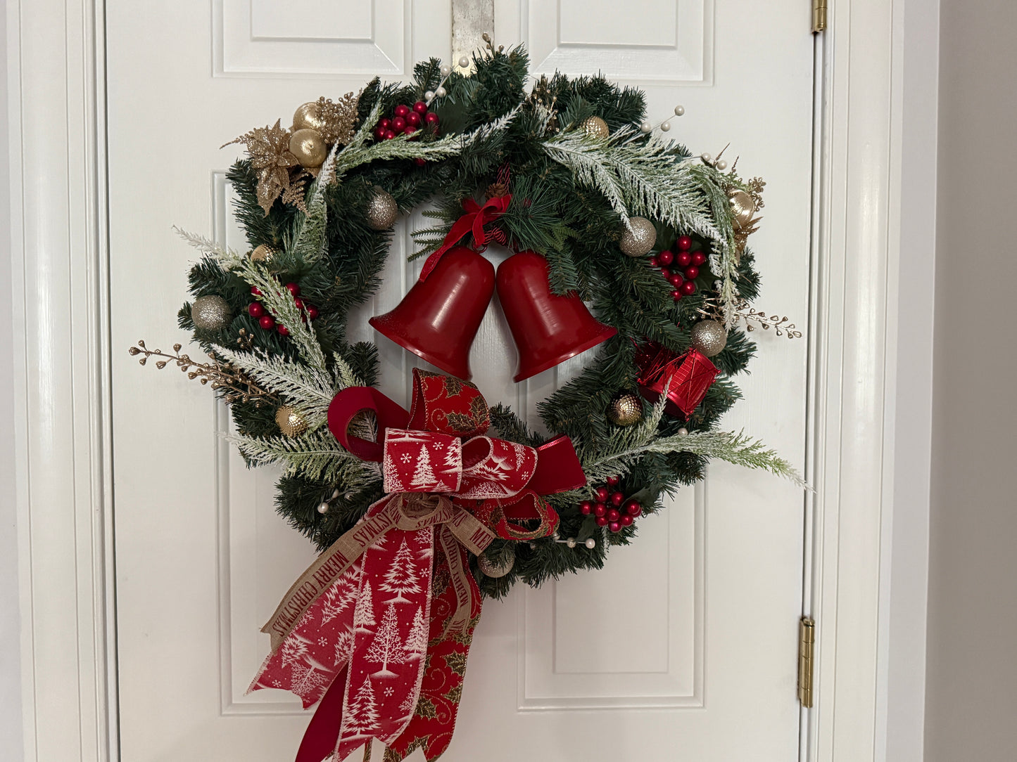 Jingle Bells Christmas Wreath – Traditional Red and Gold Holiday Wreath with Frosted Greens and Ribbon | Madison on Main | One of a Kind