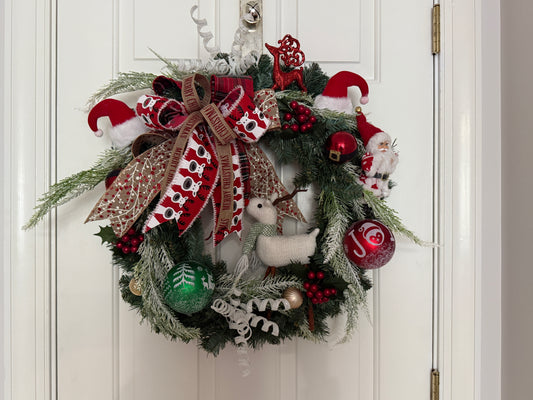 Reindeer Games Christmas Wreath – Red & Green Holiday Wreath with Santa Hats and Reindeer Accents | Madison on Main | One of a Kind