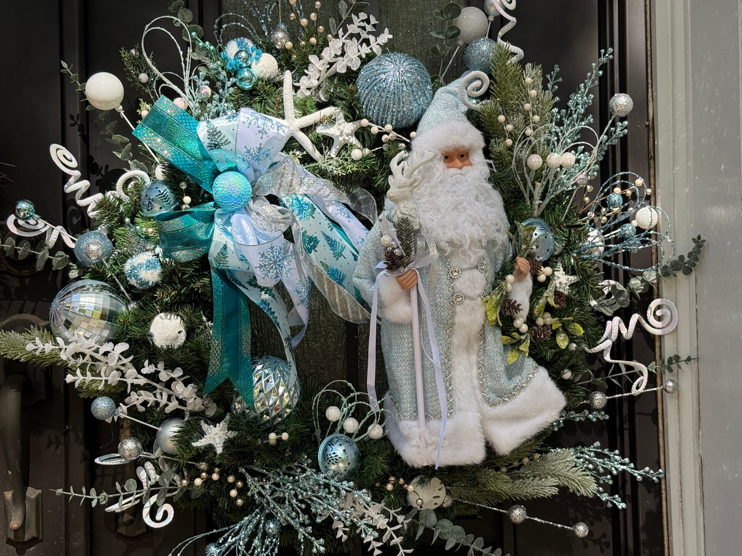 Coastal Frost Santa Christmas Wreath – 30” Handcrafted Winter Coastal Door Décor | One of a Kind