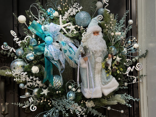 Coastal Frost Santa Christmas Wreath – 30” Handcrafted Winter Coastal Door Décor | One of a Kind
