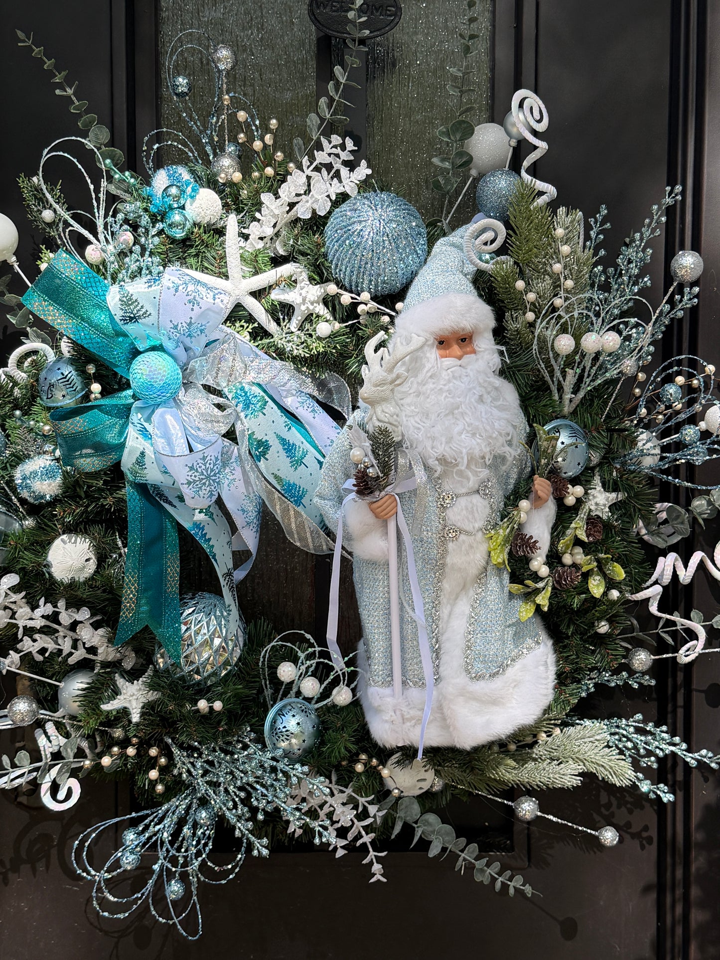 Coastal Frost Santa Christmas Wreath – 30” Handcrafted Winter Coastal Door Décor | One of a Kind