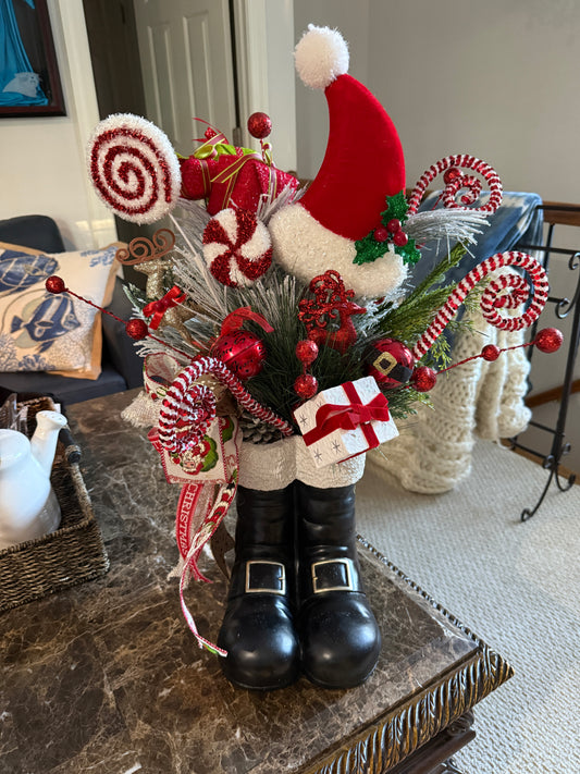 Santa’s Boots Christmas Arrangement – Festive Candy Cane Floral Display | Madison on Main | One of a Kind
