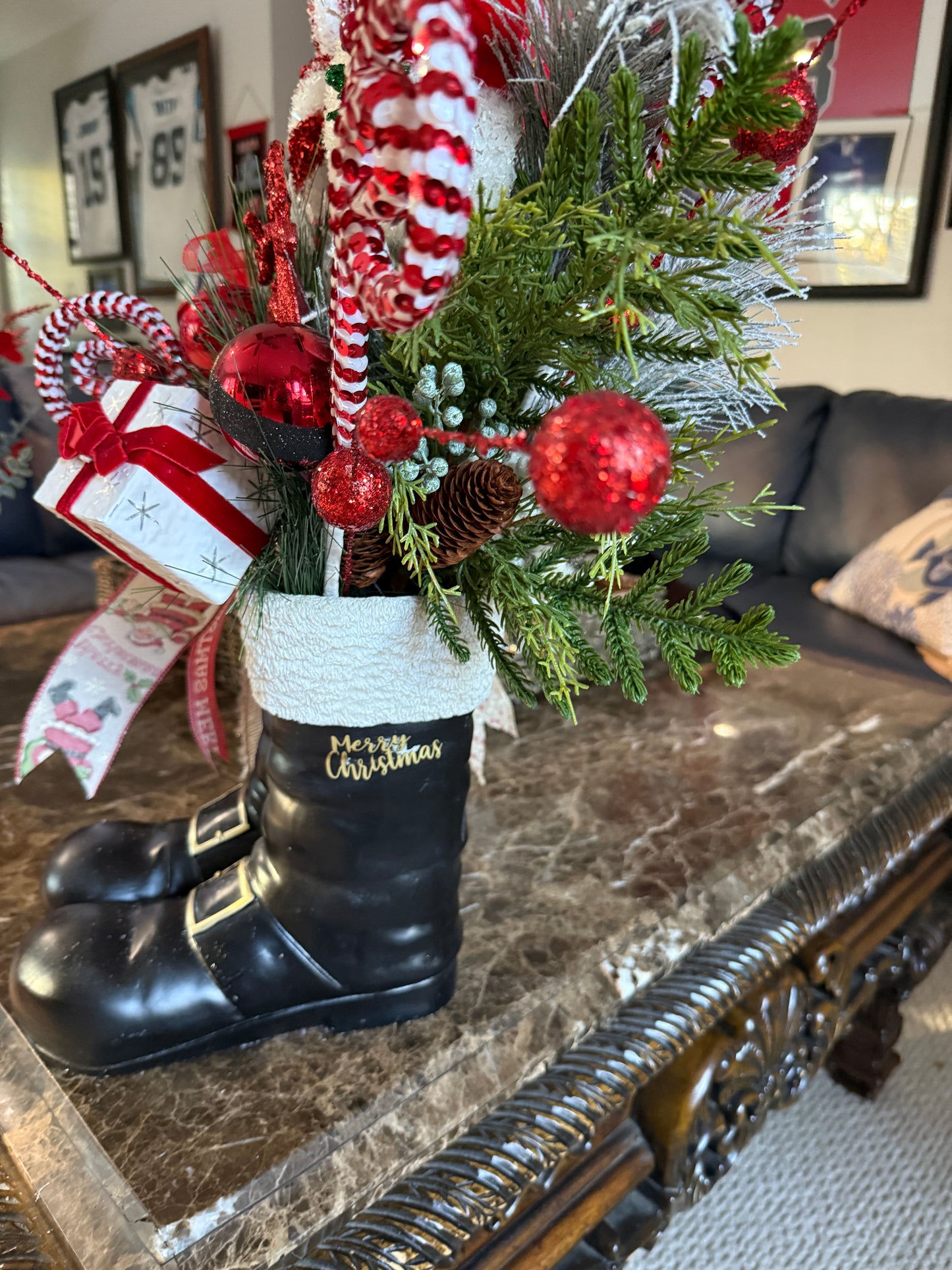 Santa’s Boots Christmas Arrangement – Festive Candy Cane Floral Display | Madison on Main | One of a Kind