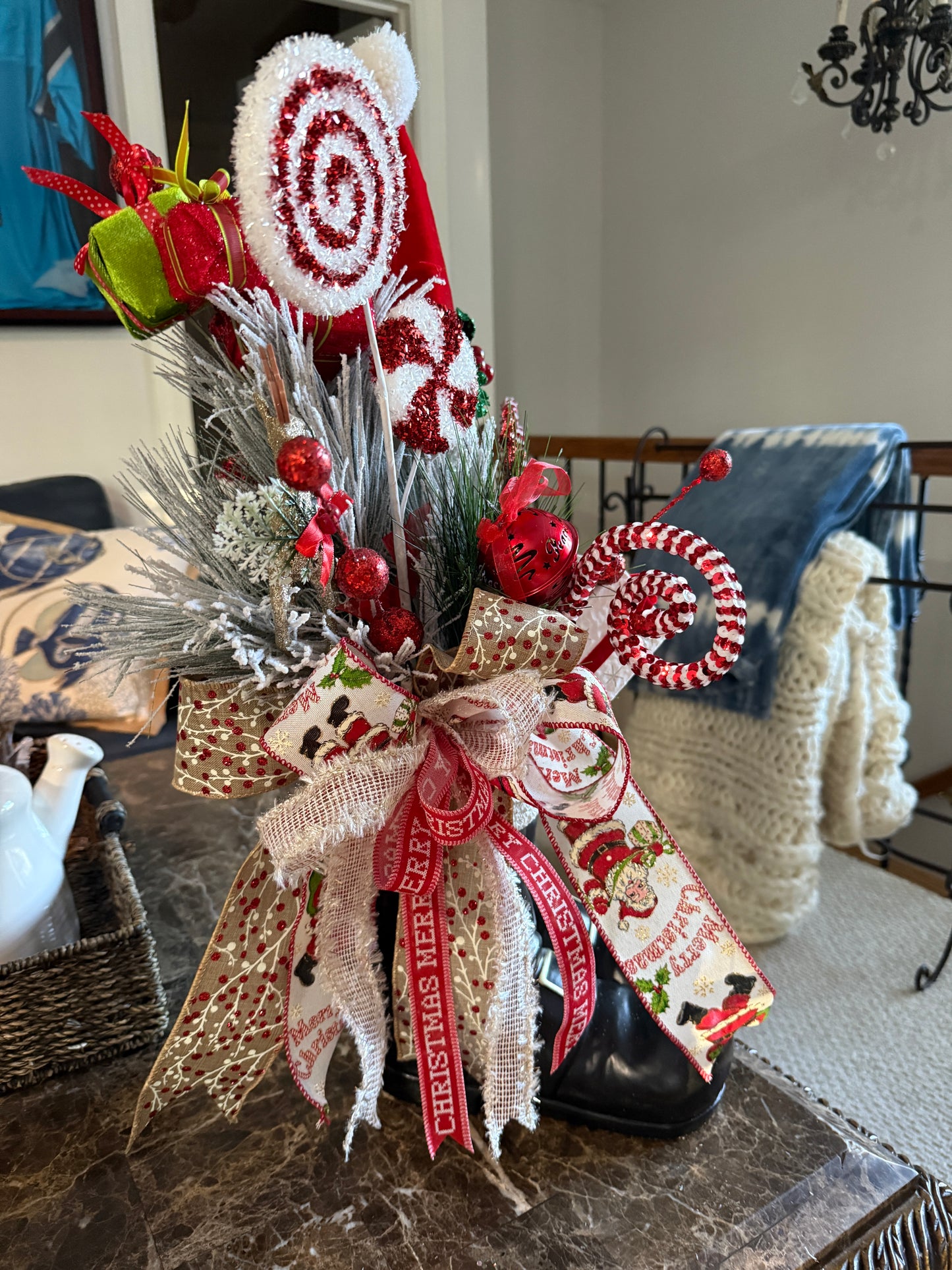 Santa’s Boots Christmas Arrangement – Festive Candy Cane Floral Display | Madison on Main | One of a Kind