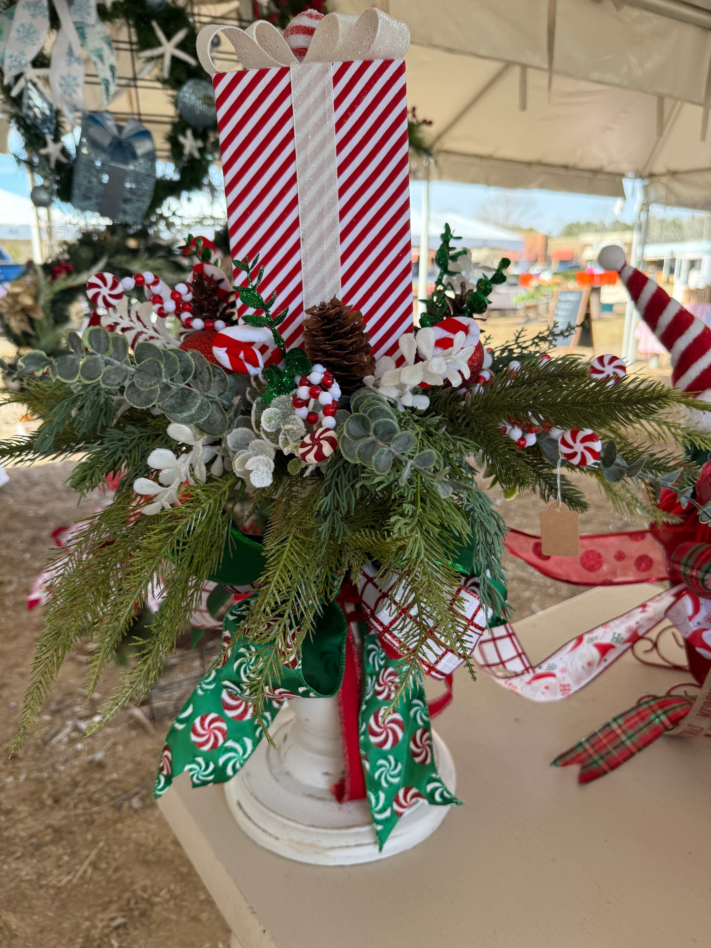 Peppermint Present Christmas Arrangement – Candy Cane Holiday Centerpiece