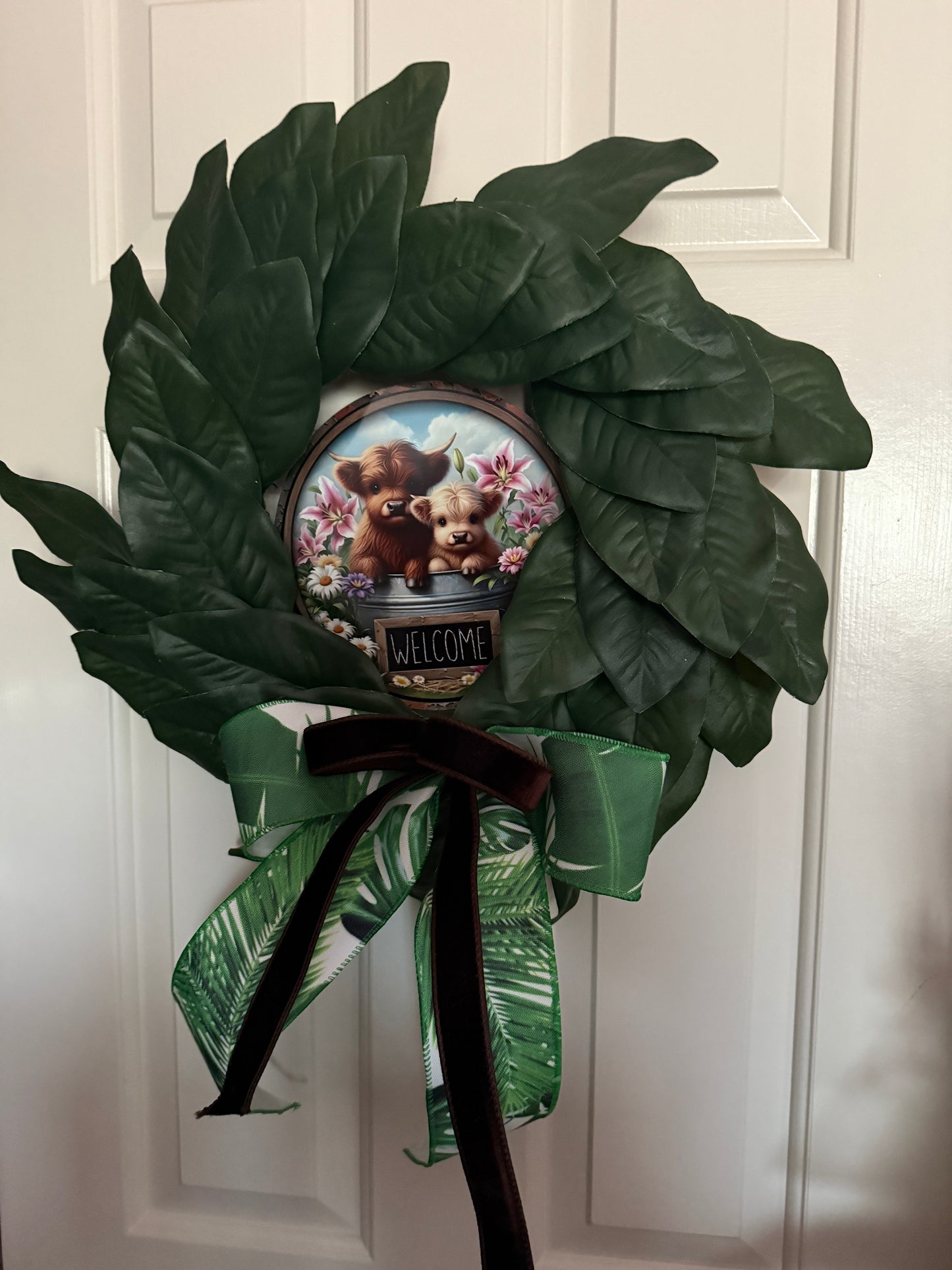 Farmhouse Calf Welcome Greenery Wreath with Tropical Leaf Bow