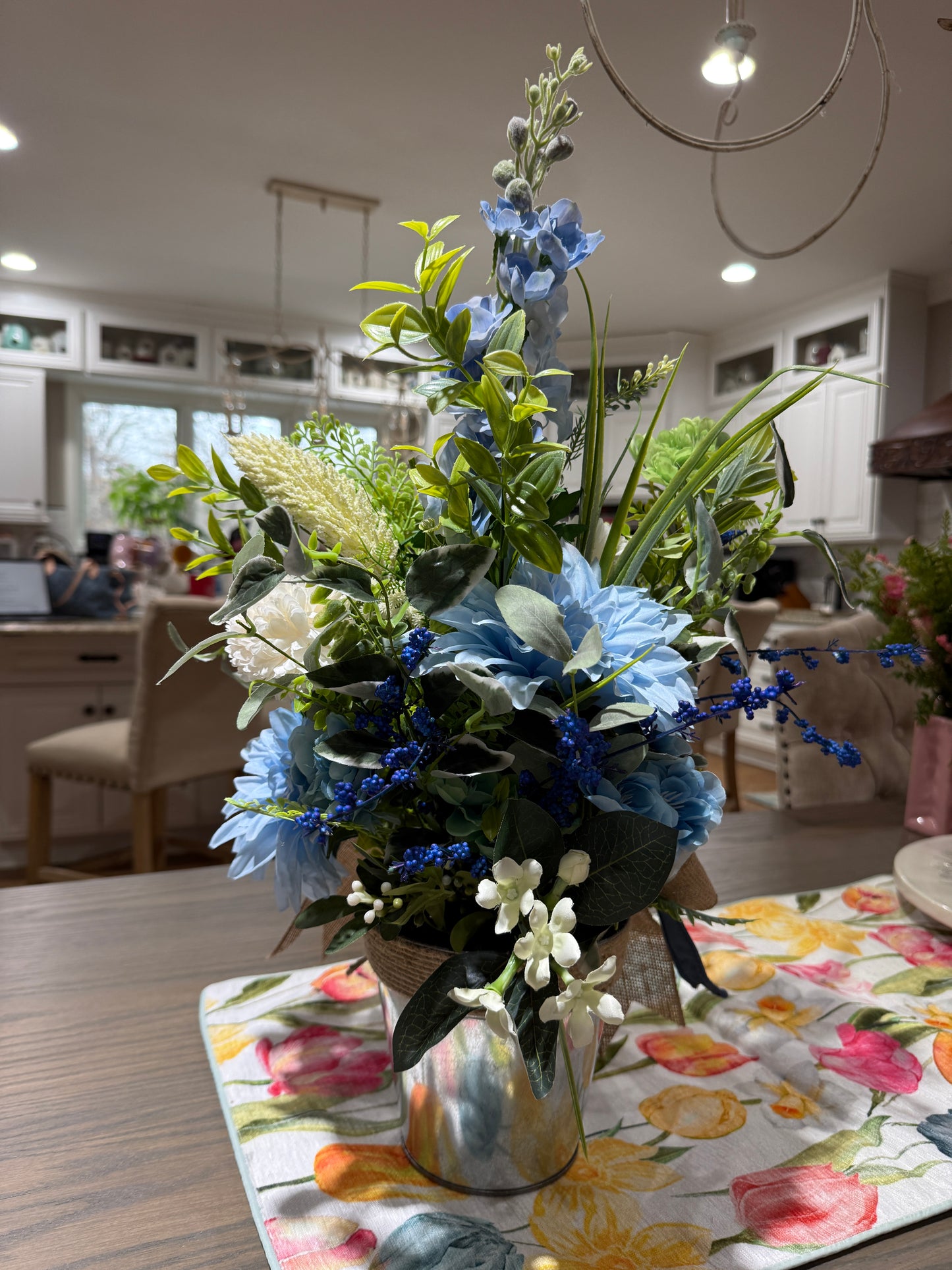 Blue & Green Spring Floral Arrangement in Rustic Metal Container