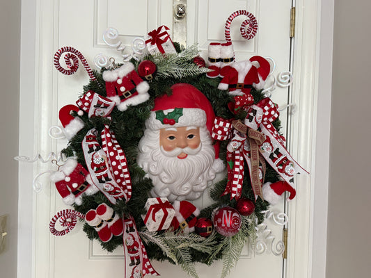 Light-Up Santa Face Wreath – Vintage Christmas Charm with Candy Cane Accents | Madison on Main | One of a Kind