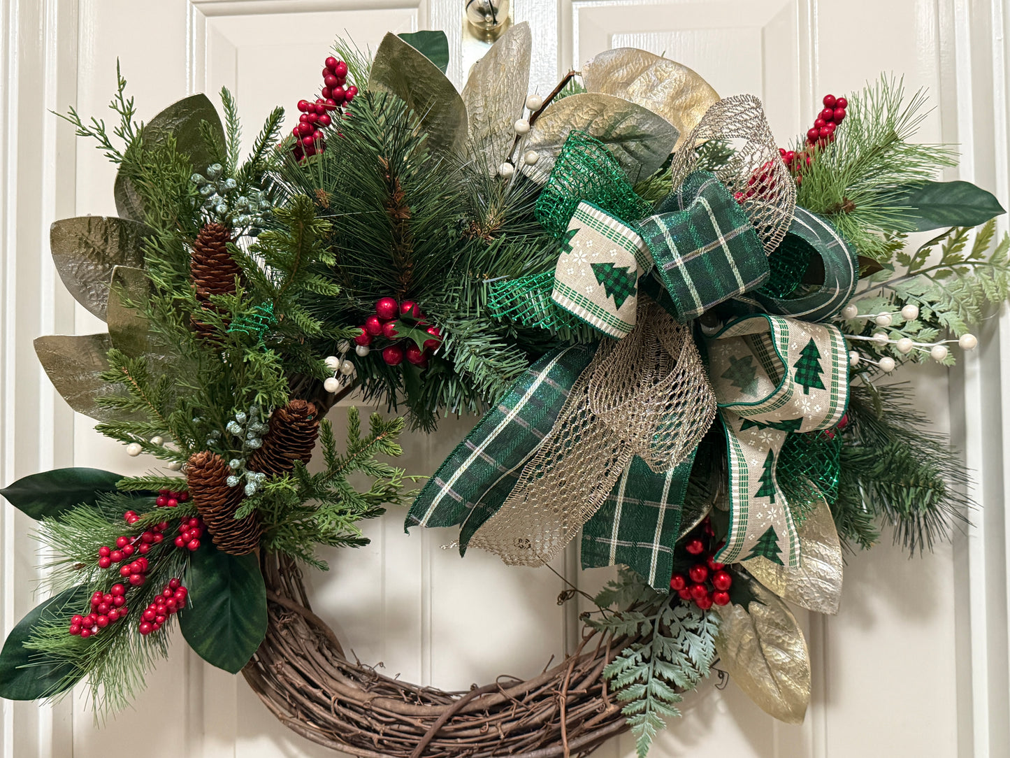 Green & Gold Christmas Wreath with Pinecones and Plaid Bow