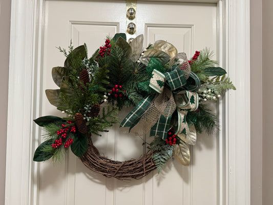 Green & Gold Christmas Wreath with Pinecones and Plaid Bow