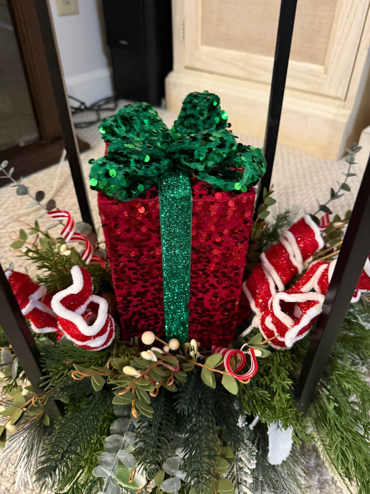 Large Christmas Lantern Arrangement with Present and Holiday Ribbon