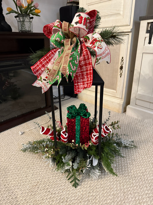 Large Christmas Lantern Arrangement with Present and Holiday Ribbon