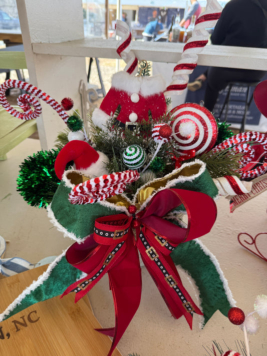 Santa’s Sweet Shoppe Christmas Arrangement – Candy Cane & Santa Hat Centerpiece