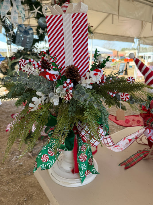 Peppermint Present Christmas Arrangement – Candy Cane Holiday Centerpiece