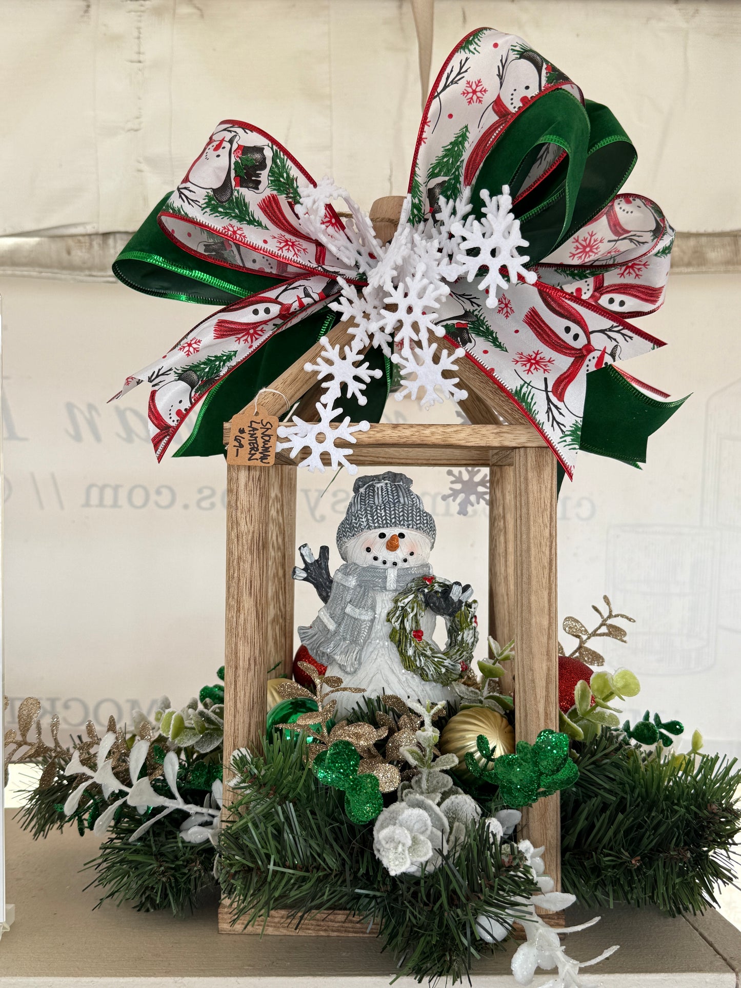 Snowman Lantern Christmas Arrangement – Rustic Winter Centerpiece