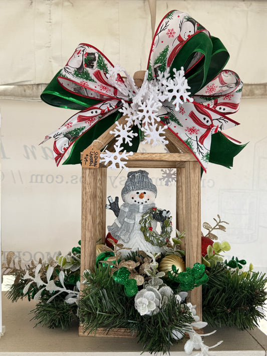 Snowman Lantern Christmas Arrangement – Rustic Winter Centerpiece