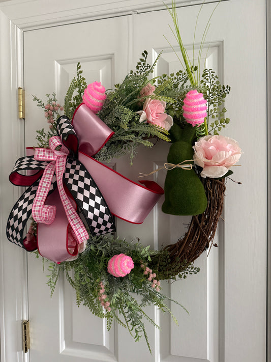 Spring Bunny Grapevine Wreath with Pink Accents and Designer Bow