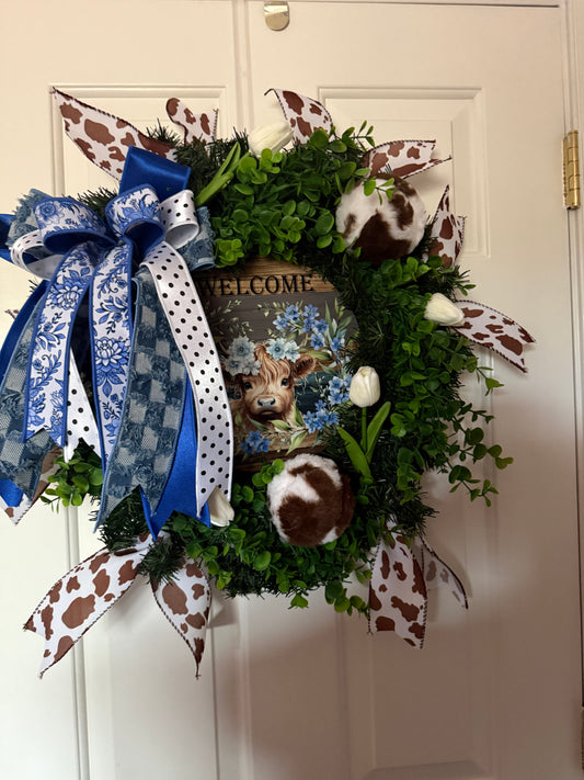 Farmhouse Calf Welcome Wreath with Blue & White Designer Bow