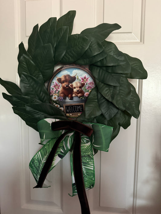 Farmhouse Calf Welcome Greenery Wreath with Tropical Leaf Bow