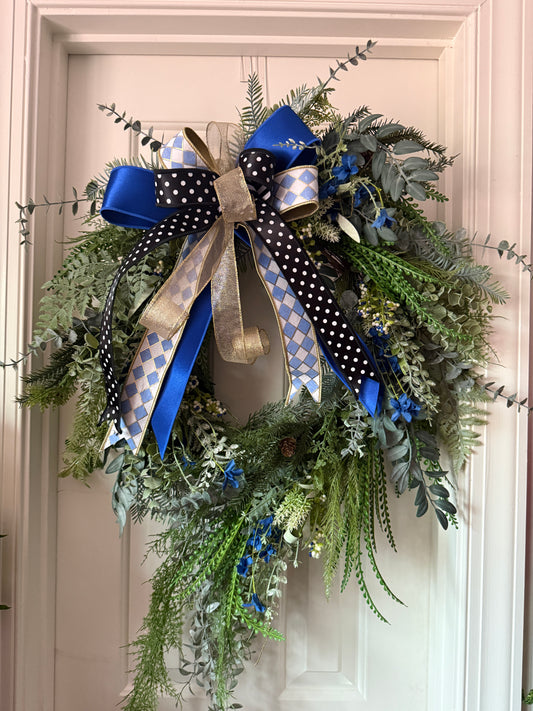 Blue & Gold Designer Bow Greenery Wreath with Cascading Foliage