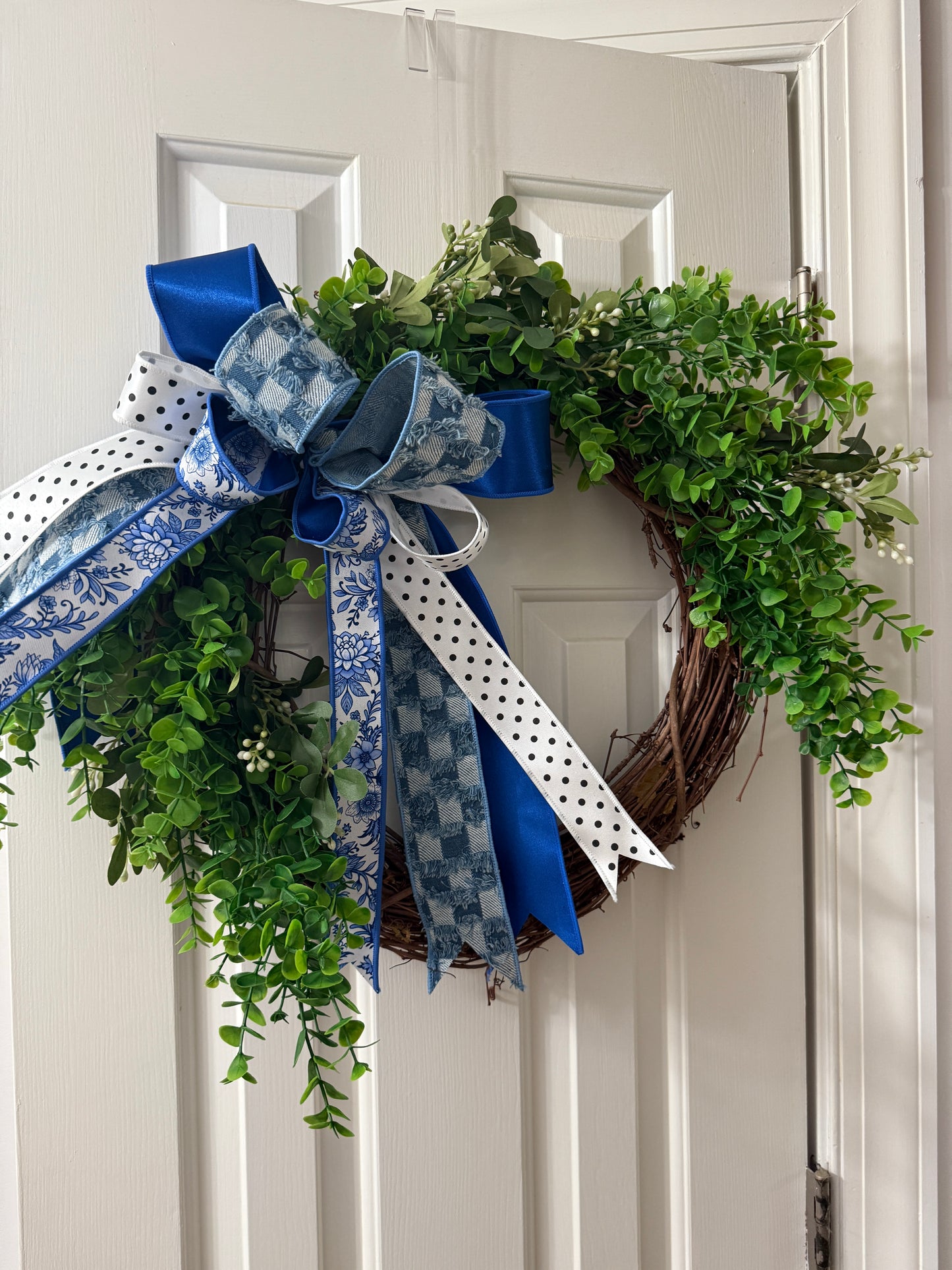 Blue & White Designer Bow Greenery Grapevine Wreath