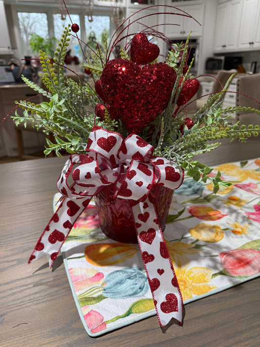 Valentine’s Heart Floral Arrangement in Red Glass Container