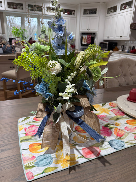 Blue & Green Spring Floral Arrangement in Rustic Metal Container