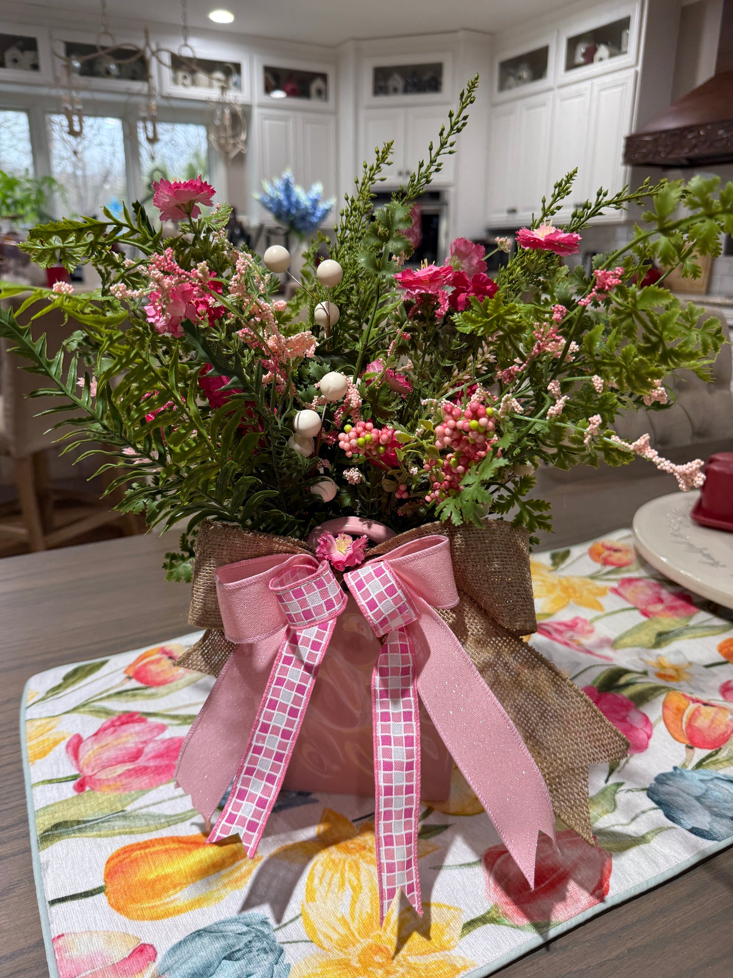 Pink Spring Floral Arrangement in Pink Purse Ceramic Container