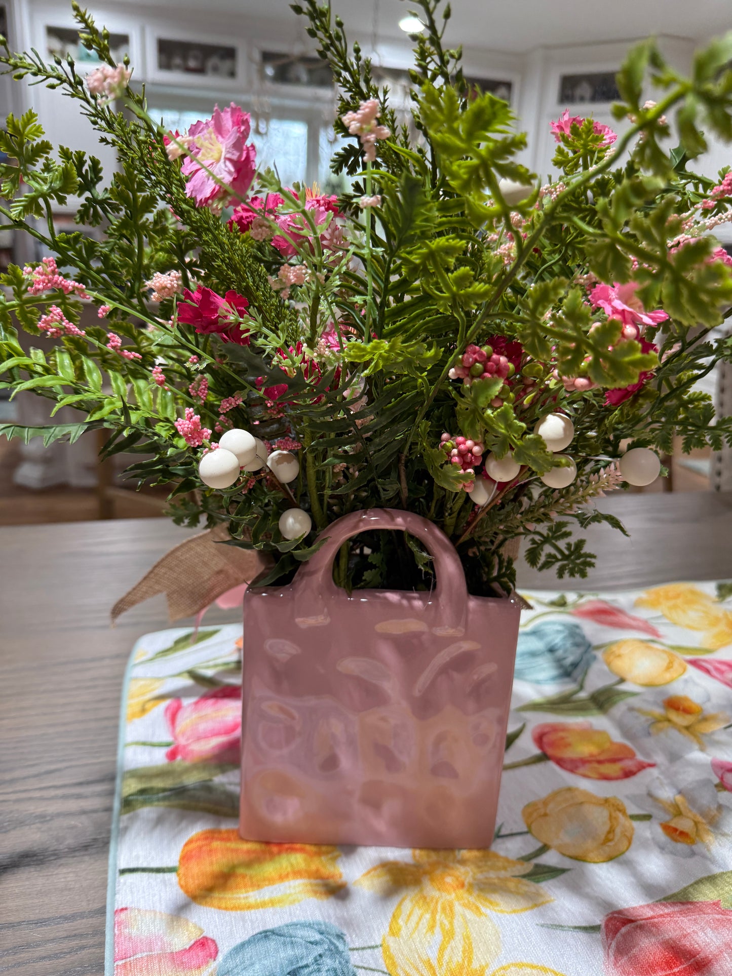 Pink Spring Floral Arrangement in Pink Purse Ceramic Container
