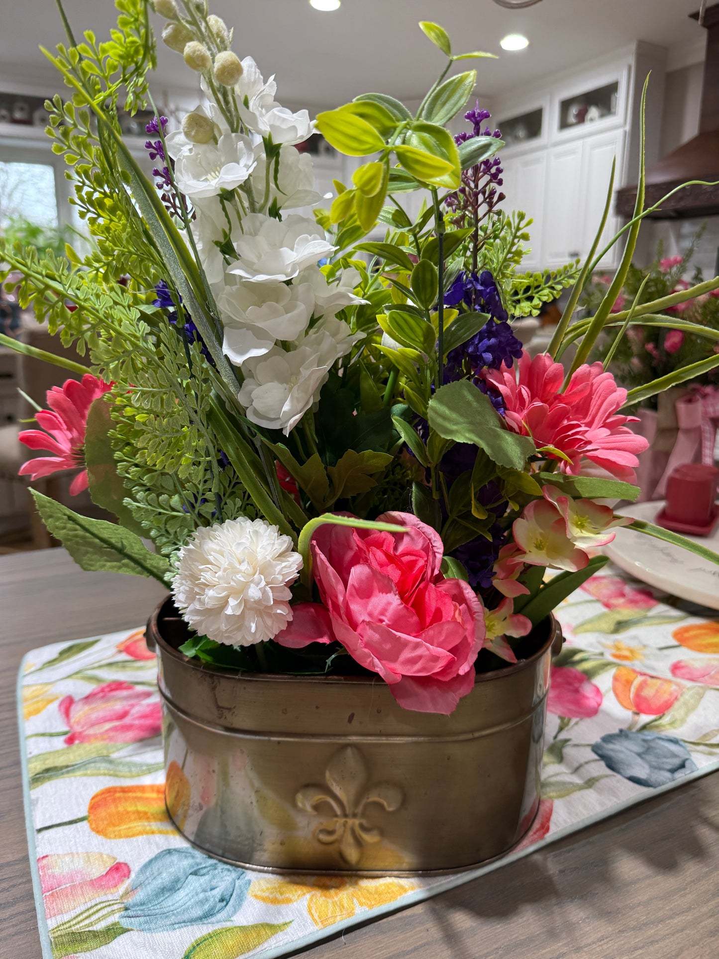 Spring Garden Floral Arrangement in Antique Brass Container