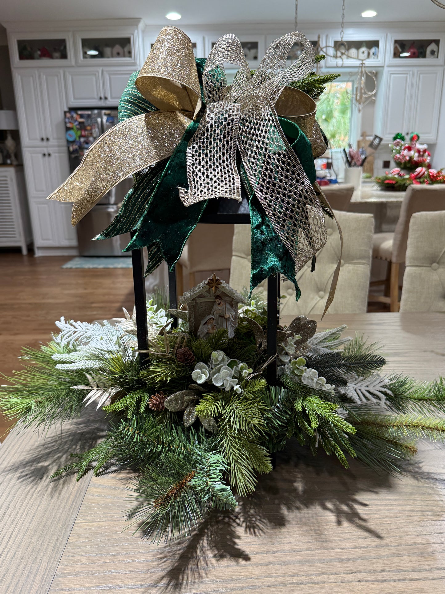 Nativity Christmas Lantern – Green & Gold Holiday Centerpiece with Holy Family Scene