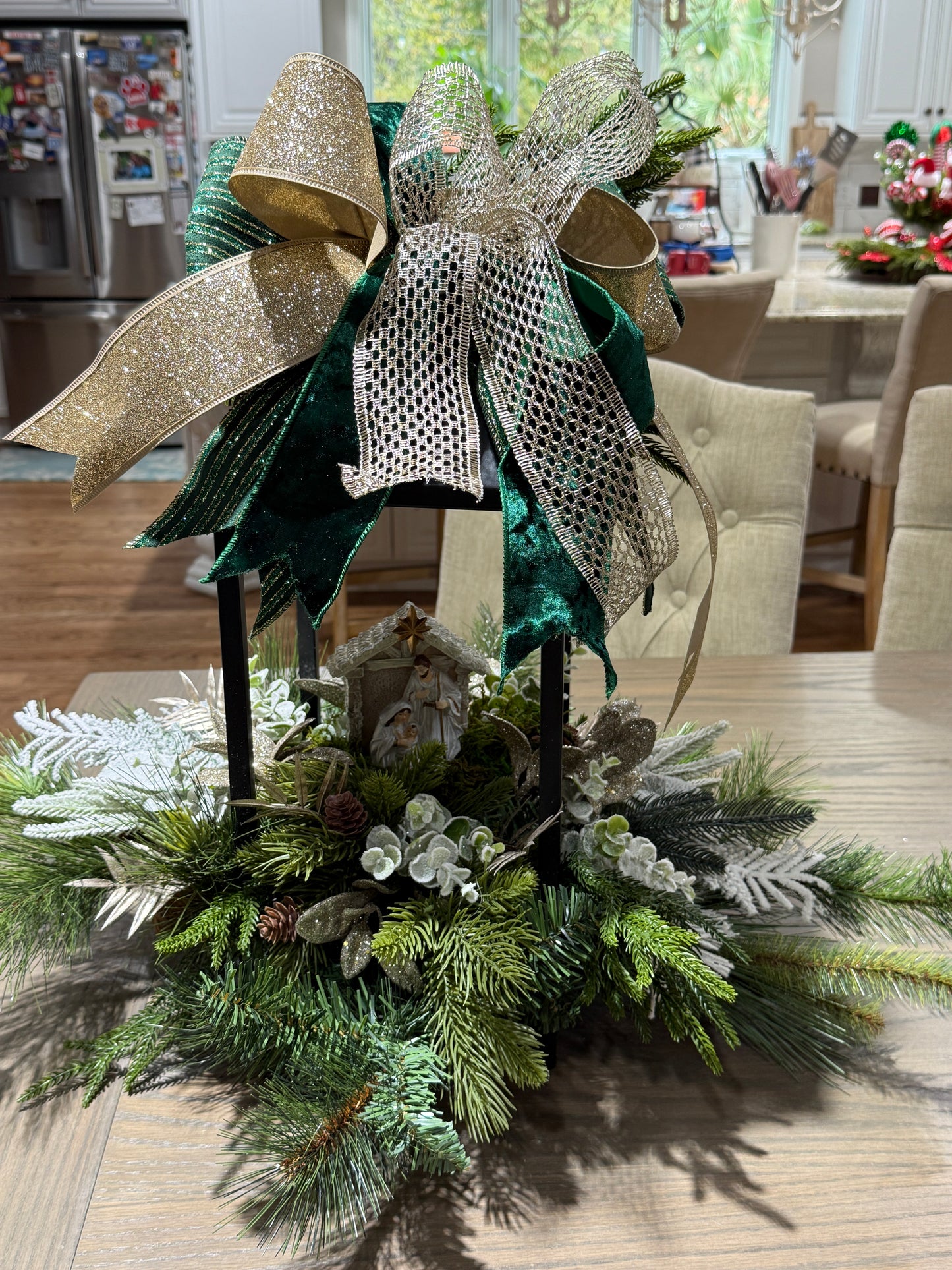 Nativity Christmas Lantern – Green & Gold Holiday Centerpiece with Holy Family Scene