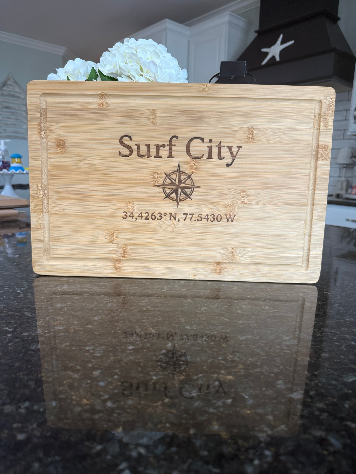Surf City Compass Coordinates Cutting Board – Bamboo