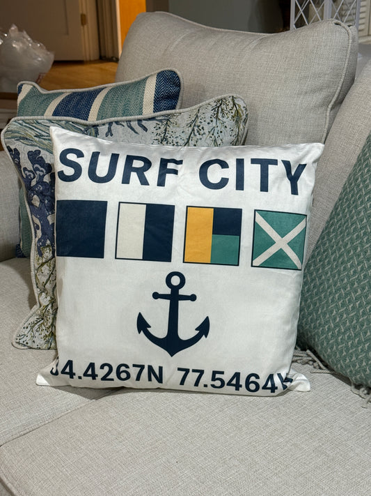 Surf City Nautical Flags Coordinates Pillow