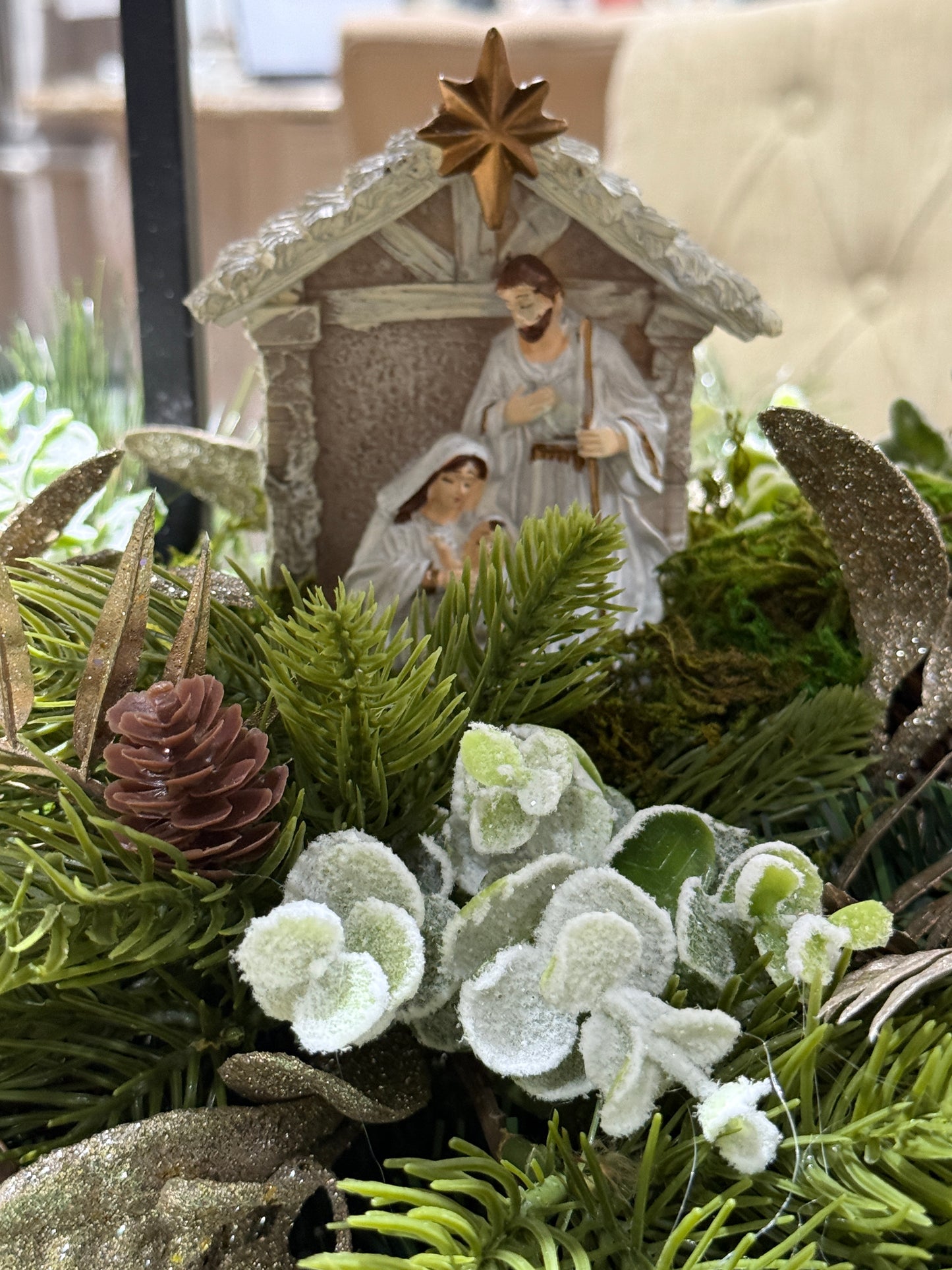 Nativity Christmas Lantern – Green & Gold Holiday Centerpiece with Holy Family Scene