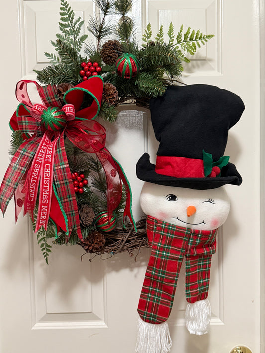 Winking Snowman Christmas Wreath – Red & Green Plaid Holiday Door Decor