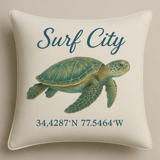 Surf City Sea Turtle Coordinates pillow