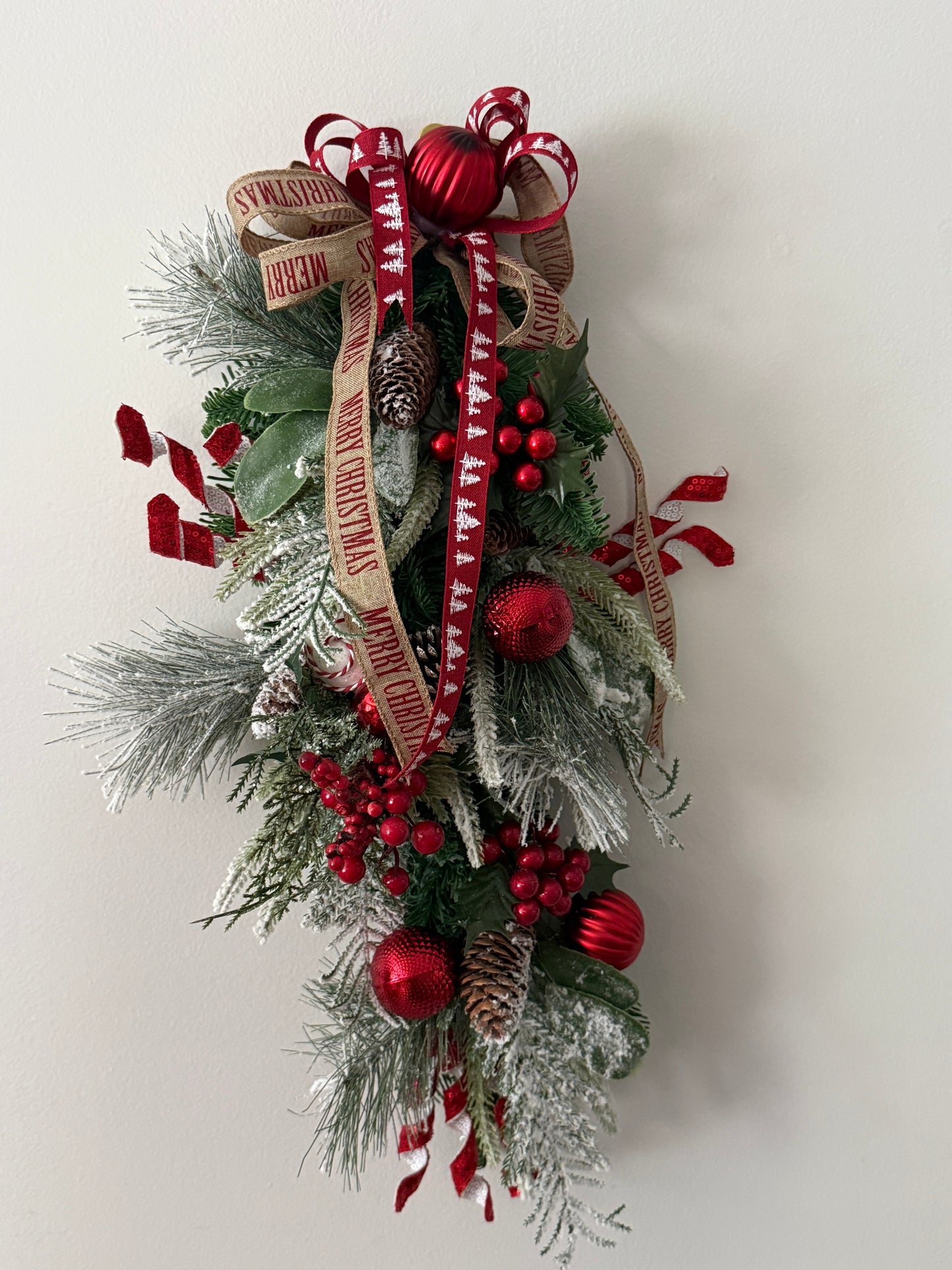 Red & Frosted Greenery Christmas Swag with Ornaments and Ribbon